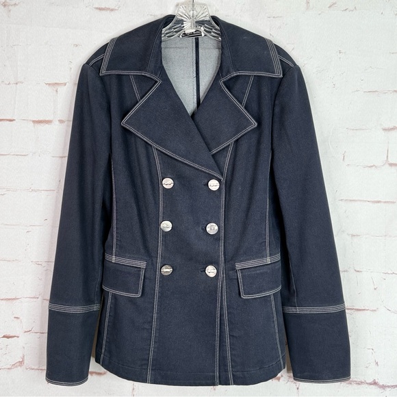 ST. JOHN Sport M Nautical Double Breasted Navy Cotton Blend Blazer Silver Button - Picture 10 of 14